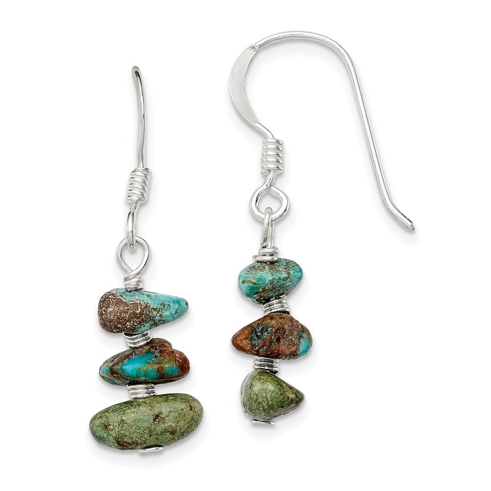 925 Sterling Silver Polished Three Turquoise Chip Dangle Earrings